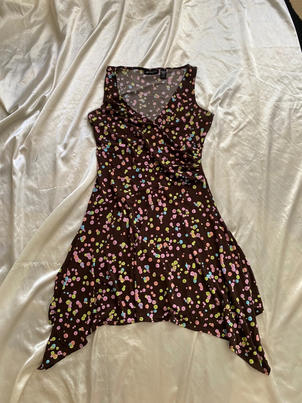 Vintage y2k Brown Pastel Polka Dot Asymmetrical Mini Dress Fairy Boho Small